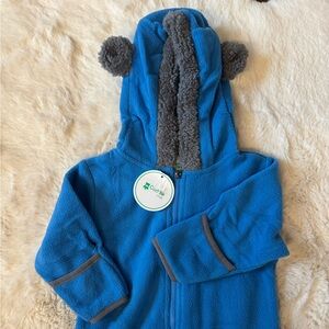 Blue Fleece Hooded Baby Onesie with Gray Trim and Ears